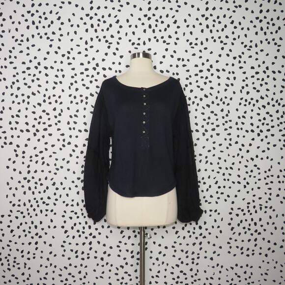 Free People Navy Mixed Media Light Magic Henley Balloon Sleeve Top - Picture 3 of 12